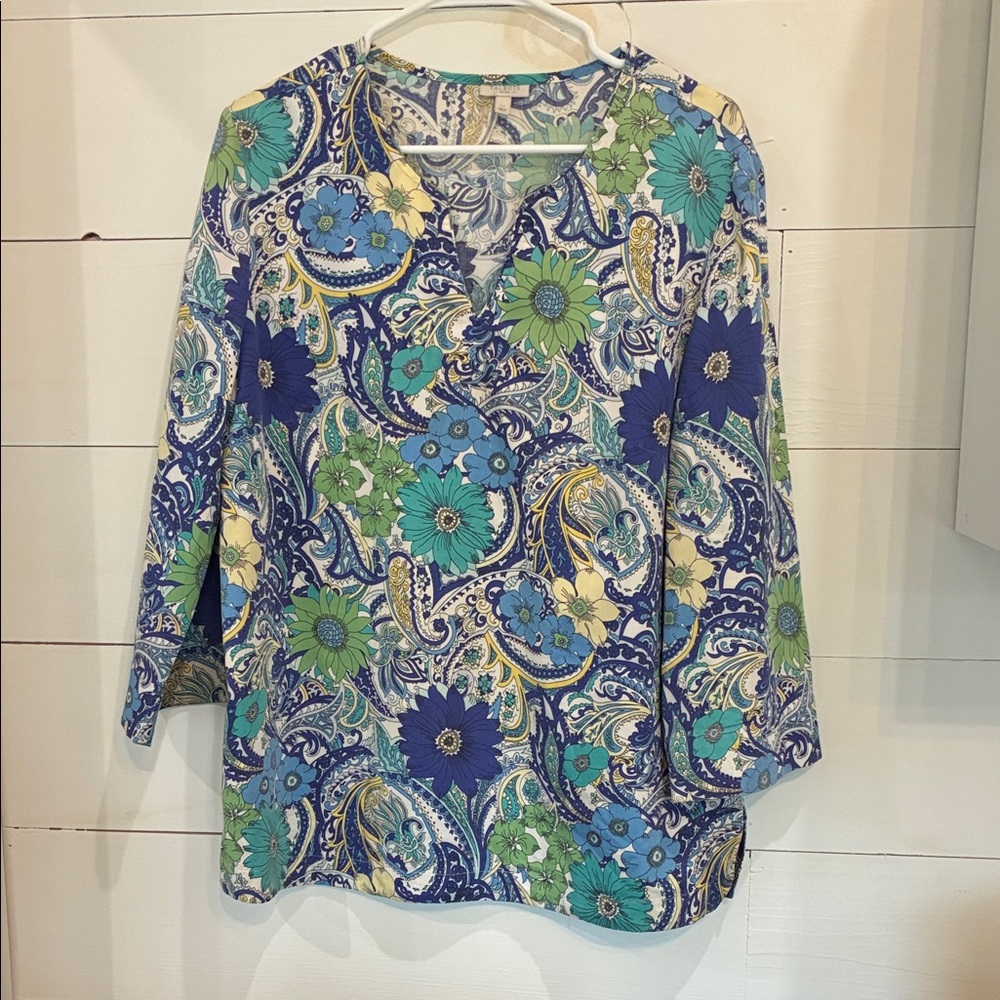 Talbots Petites Floral Paisley V-Neck Tunic Top Blue and Green Size LP